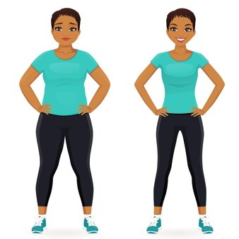 Mulher gorda e magra, antes e depois da perda de peso em roupas esportivas isoladas