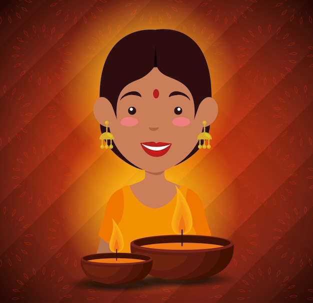 Mulher hindu com velas para diwali