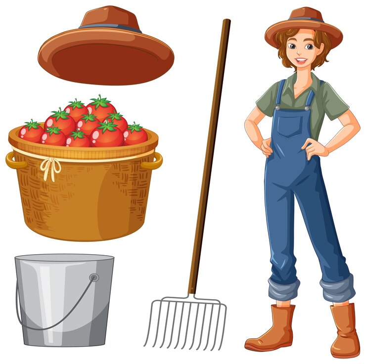 Vetor grátis mulher jardineira com coleção de ferramentas de jardinagem