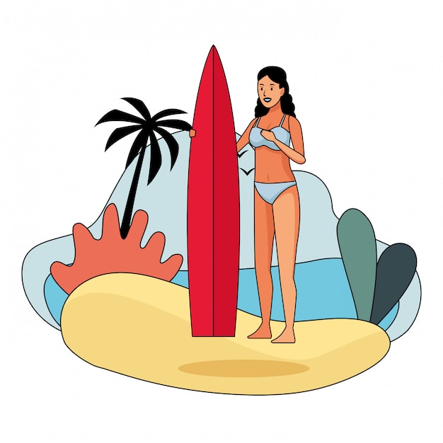 Mulher jovem, em, swimsuit, caricatura