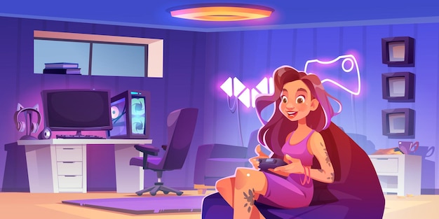 Mulher jovem jogando videogame com gamepad