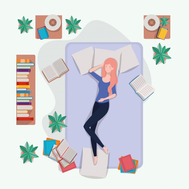 Vetor grátis mulher jovem, relaxante, em, colchão, em, a, quarto
