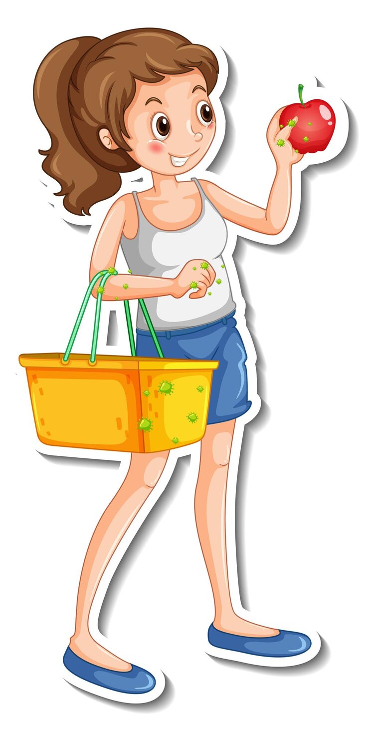 Vetor grátis mulher jovem segurando uma cesta de compras com bactérias