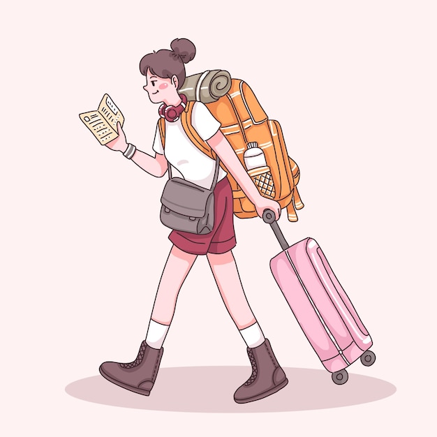 Vetor grátis mulher jovem viajante com mochila e mala arrastando durante a leitura do guia do mapa em personagem de desenho animado, ilustração plana