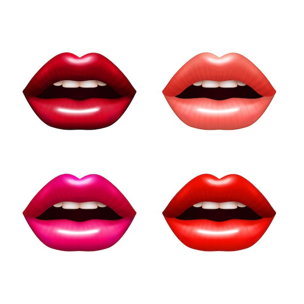Vetor grátis mulher lábios conjunto realista com ilustração vetorial de coloração brilhante isolado