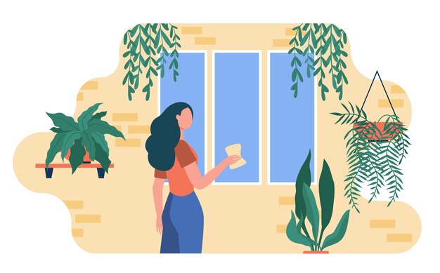 Mulher lavando janela entre plantas caseiras. Plantas de casa, estufa, ilustração plana interior eco.