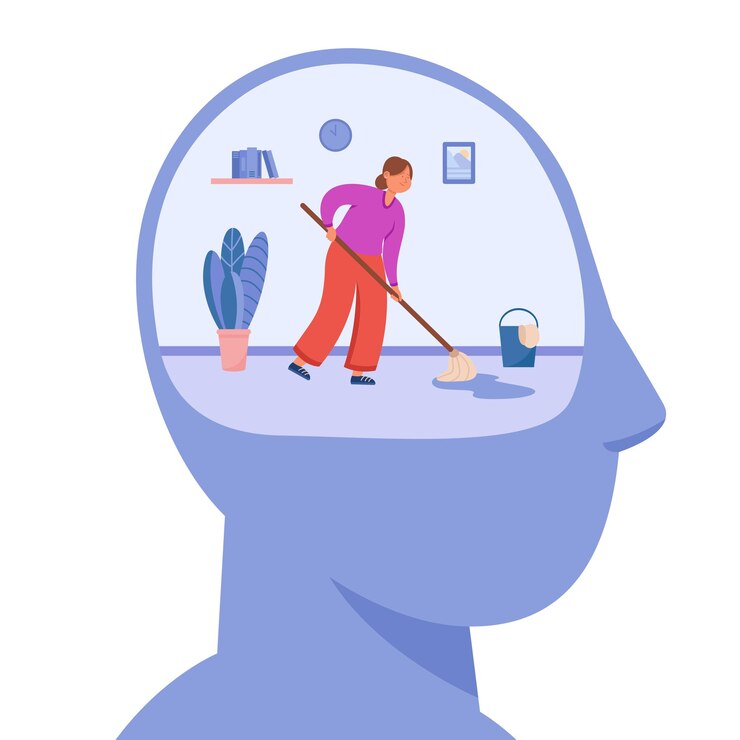 Vetor grátis mulher minúscula, limpando o espaço interno da cabeça humana. pessoa que trabalha na desintoxicação do pensamento e na melhoria da ilustração em vetor plana de consciência. saúde mental, autocuidado, conceito de purificação da mente