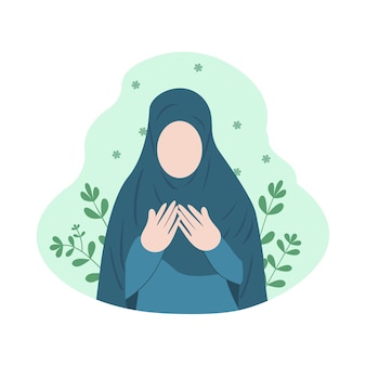 Mulher muçulmana rezando ilustração plana. menina muçulmana usando um hijab azul e orando design plano com fundo verde. ilustração plana islâmica de uma menina muçulmana orando. menina orando em um jardim.