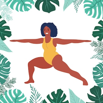 Mulher negra gorda fazendo ioga selflove fitness e excesso de peso garota gorda sentada em pose de ioga Vetor Premium