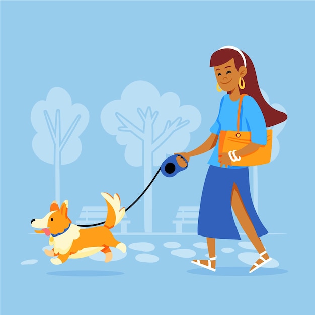 Mulher passeando com o cachorro ao ar livre