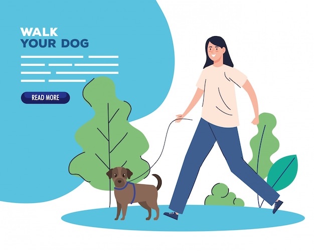 Mulher passeando com seu cachorro no parque