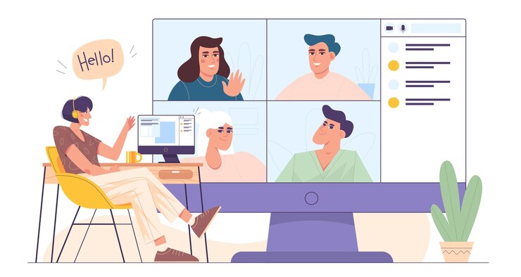 Vetor grátis mulher plana na cadeira no escritório em casa usando o computador para construção de equipes virtuais coletivas ou videoconferência em grupo com clientes, colegas. garota em fones de ouvido na área de trabalho, conversando com amigos online.