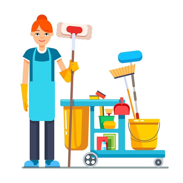 Mulher profissional mais limpa com carrinho de conserje