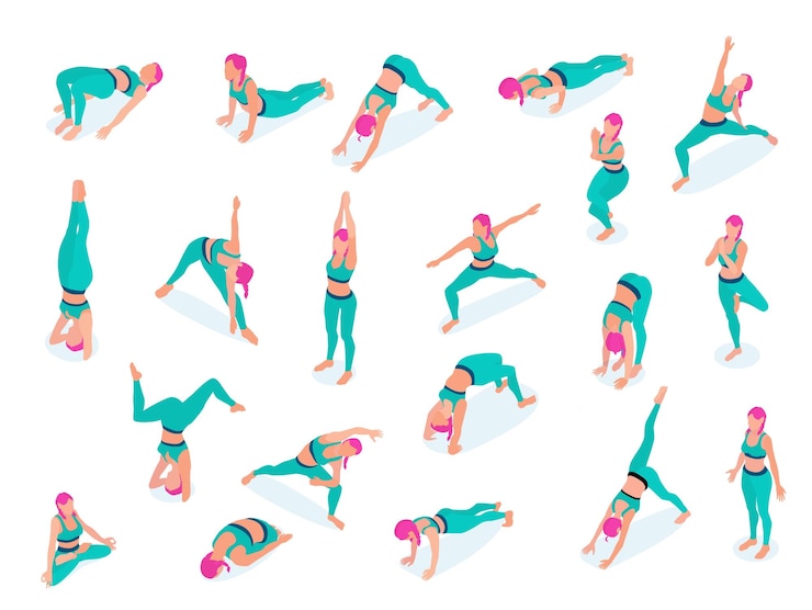 Vetor grátis mulher realizando exercícios de treino de ioga de ginástica de alongamento exercícios de exercícios de posição de lótus ícones isométricos definir ilustração vetorial de desgaste verde