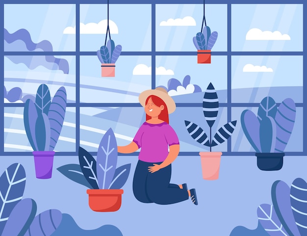 Mulher sentada no chão e cuidando de plantas em estufa. menina sentada no chão, flores no conservatório com ilustração vetorial plana de janela de vidro. natureza, jardinagem, conceito de agricultura para banner