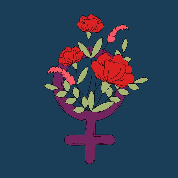 Vetor grátis mulher, símbolo, com, flores, e, folhas, vetorial