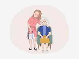 Vetor grátis mulher sorridente com uma idosa feliz no lar de idosos personagem de médico de desenho animado desenhado à mão