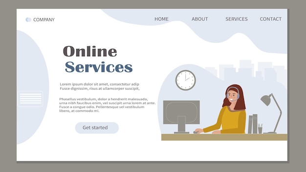 Mulher trabalha em casa serviço on-line suporte ao cliente página de destino home office freelance