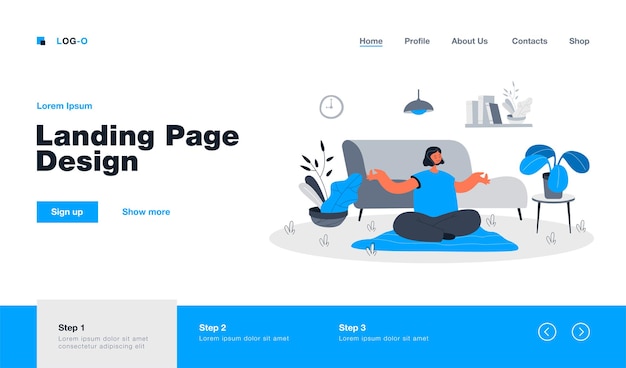 Mulher tranquila fazendo ioga na página inicial em estilo simples