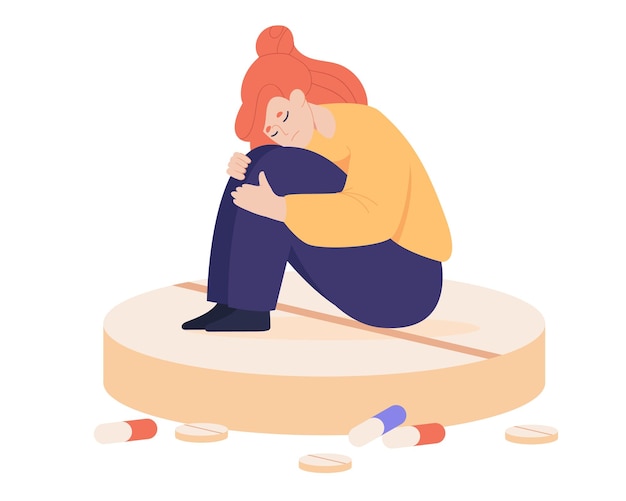 Mulher triste sentada na ilustração vetorial plana de pílula enorme. Menina deprimida tomando medicamentos hormonais, drogas ou antidepressivos, tendo transtorno mental, problemas psicológicos. Ansiedade, depressão concep