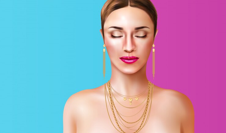 Vetor grátis mulher usando acessórios de joias na ilustração realista de fundo azul e rosa