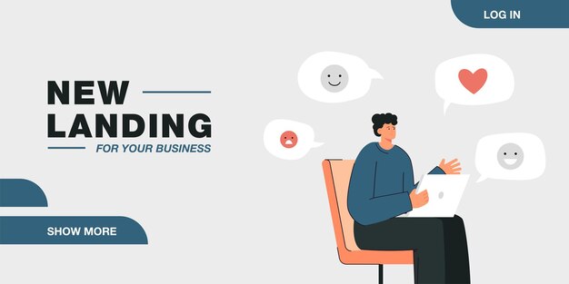 Mulher vendo reações diferentes para postar nas redes sociais. Menina com laptop, ilustração em vetor plana emoticons. Comunicação, internet, conceito de tecnologia para design de sites ou página da web de destino
