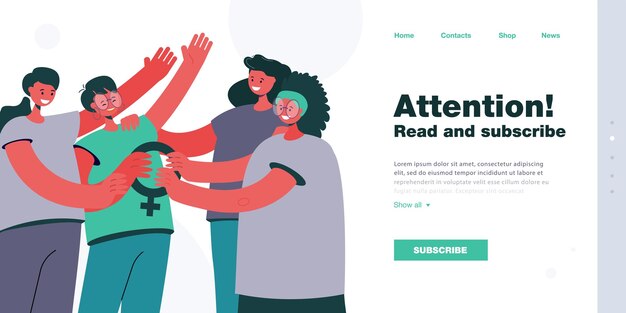 Mulheres dos desenhos animados segurando o símbolo feminino juntos. Grupo de ilustração em vetor plana feministas felizes. Feminismo, igualdade, diversidade, conceito de comunidade para banner, design de site ou página de destino