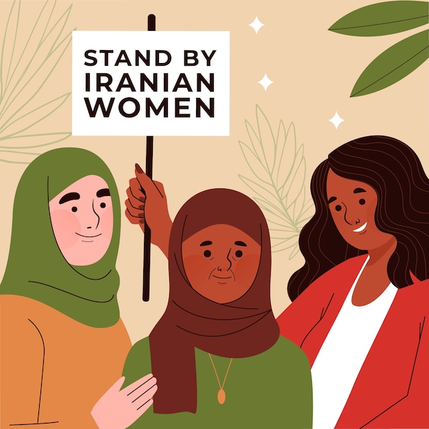 Mulheres iranianas protestando com banner