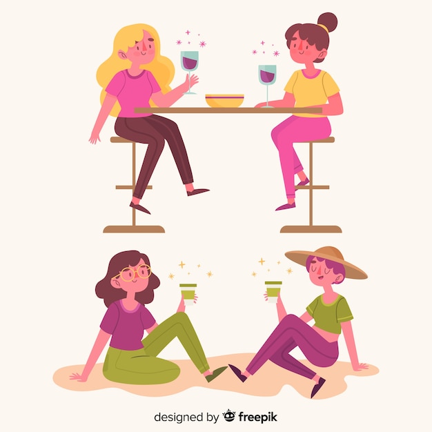 Vetor grátis mulheres jovens, gastar tempo, junto, com, bebidas
