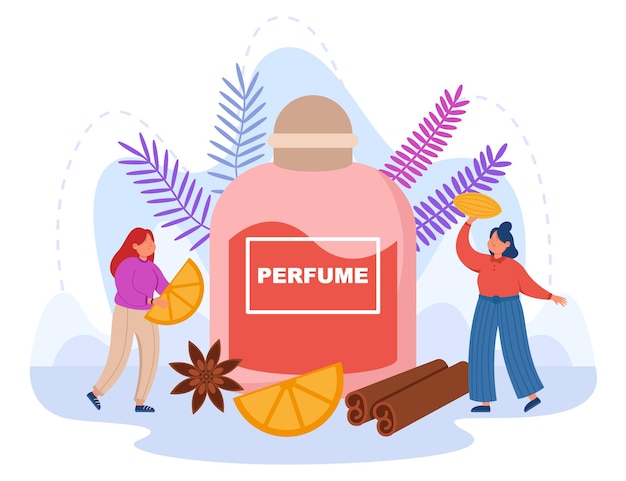 Mulheres minúsculas com ilustração vetorial plana de frasco de perfume enorme. meninas criando nova fragrância ou desodorante de flores, adicionando canela, aroma de laranja para um bom cheiro corporal. aromaterapia, conceito cosmético