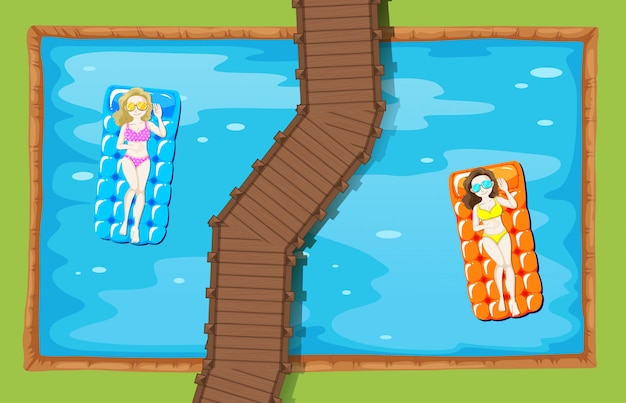 Vetor grátis mulheres na esteira flutuante na piscina