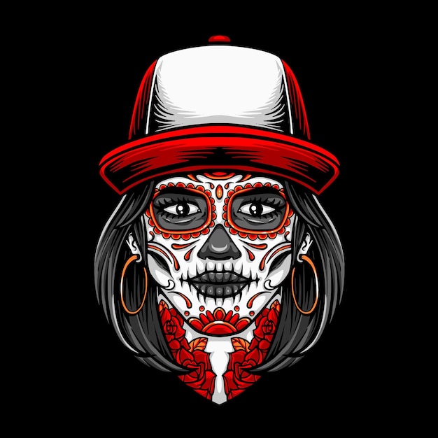 Vetor grátis mulheres sugarskull com vetor de chapéu vermelho