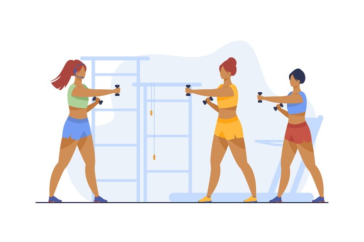 Vetor grátis mulheres treinando com halteres no clube de fitness. ginásio, músculo, ilustração vetorial plana de braço. esporte e estilo de vida saudável