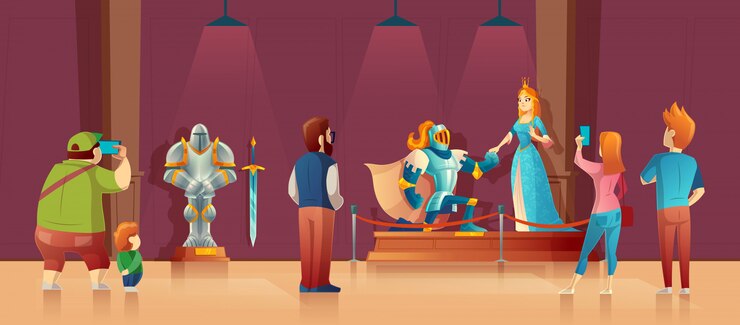 Vetor grátis museu com visitantes, exposição medieval. cavaleiro blindado com capacete, princesa em seda azul