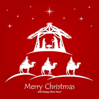 Natal cristão. nascimento de jesus, estrela brilhante e três reis magos sobre fundo vermelho. a ilustração pode ser usada para design de férias, cartões, design de roupas ou objetos, convites, cartões postais e banners