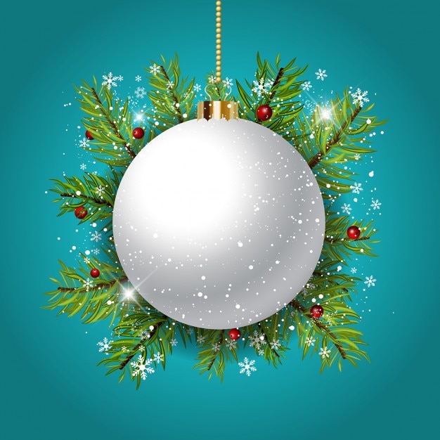Vetor grátis natal de fundo decorativo com bauble contra ramos de árvore do abeto