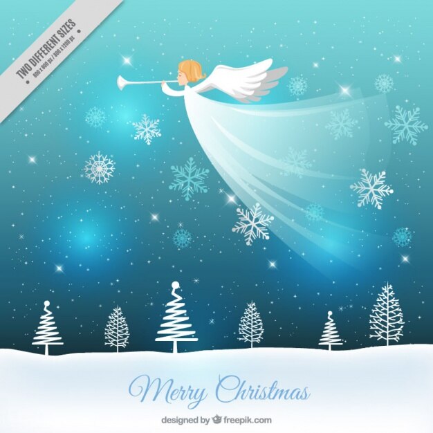 Vetor grátis natal de fundo paisagem de neve e anjo tocando a trombeta