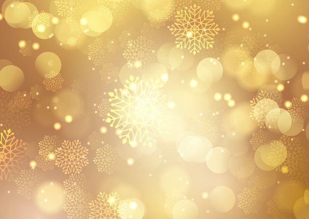 Natal dourado com flocos de neve e design de luzes bokeh