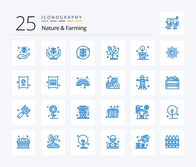 Vetor grátis nature and farming 25 blue color icon pack incluindo paisagem de sol de planta de cultivo de maçã