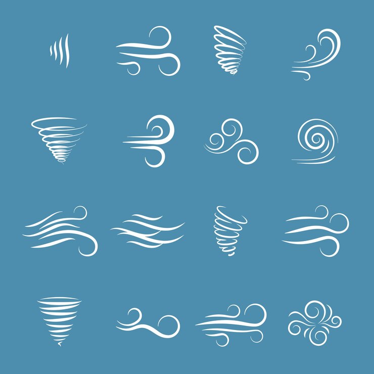 Vetor grátis natureza dos ícones do vento, ondas fluindo, clima frio, clima e movimento, ilustração vetorial