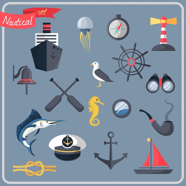 Vetor grátis nautical mar viagens ícones decorativos conjunto com bússola volante farol ilustração vetorial