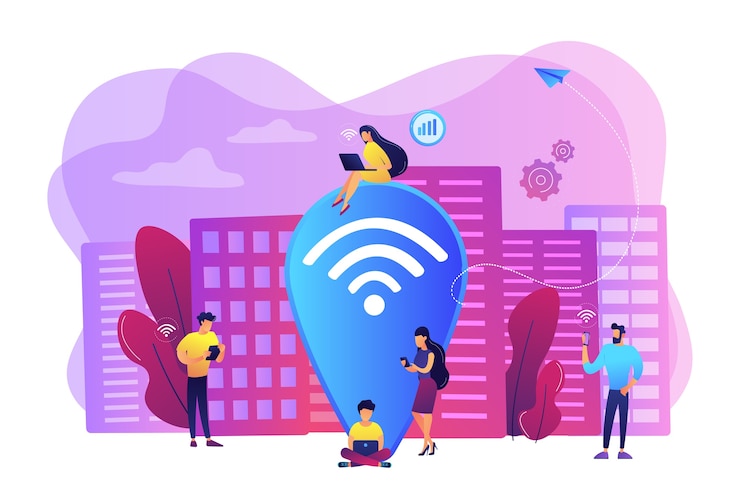 Vetor grátis navegar na web, navegar em sites. internet grátis, rede. hotspot wi-fi público, acesso gratuito à internet sem fio, conceito de serviço wi-fi gratuito. ilustração isolada violeta vibrante brilhante