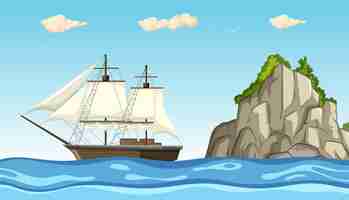 Vetor grátis navio a vela pelos penhascos das ilhas rochosas