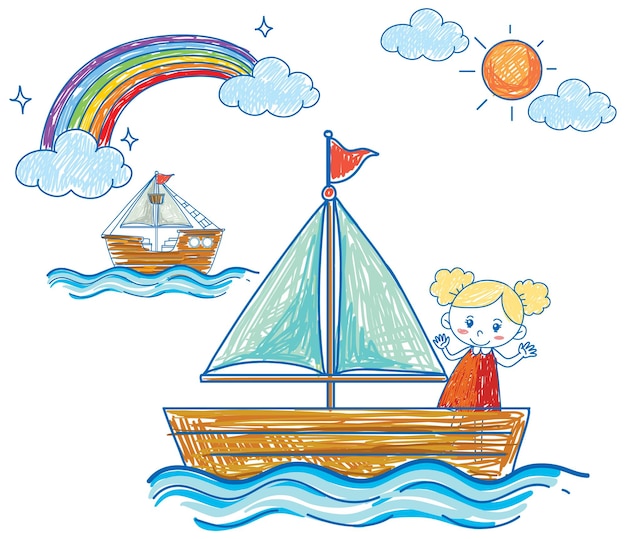 Vetor grátis navio e garota coloridos desenhados à mão