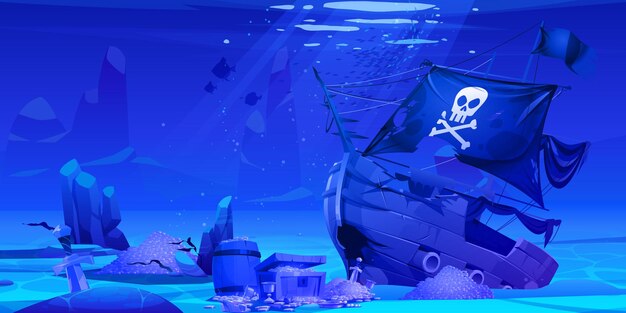 Navio pirata afundado com tesouro debaixo d'água