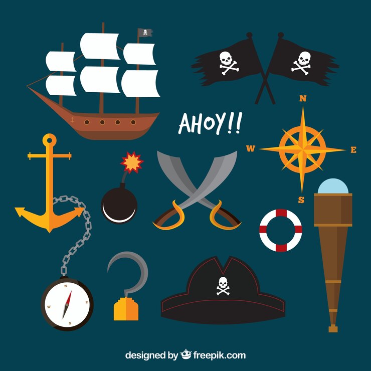 Vetor grátis navio pirata com elementos tradicionais