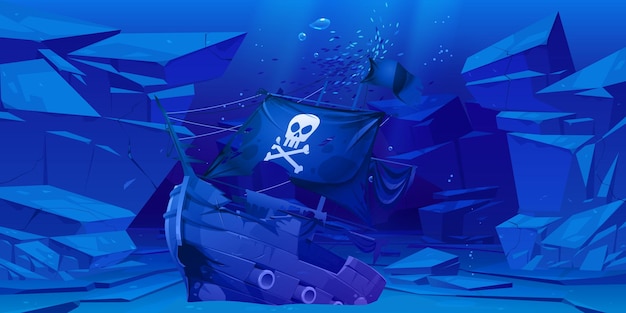 Navio pirata naufragado no fundo rochoso do mar