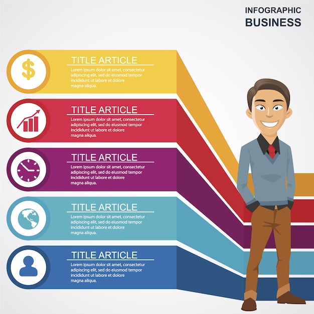 Negócio, infographic, feliz, homem, personagem