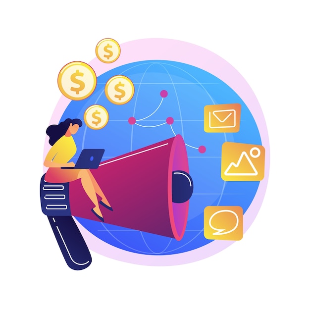 Negócio online Intercontinental, empresa internacional, promoção na Internet. Personagem de desenho animado de empresária. Filiais de empresas africanas e americanas