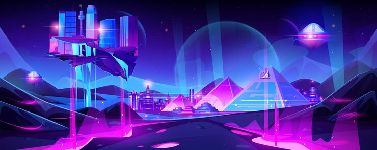 Vetor grátis neon metaverse cidade de tecnologia fundo com pirâmide